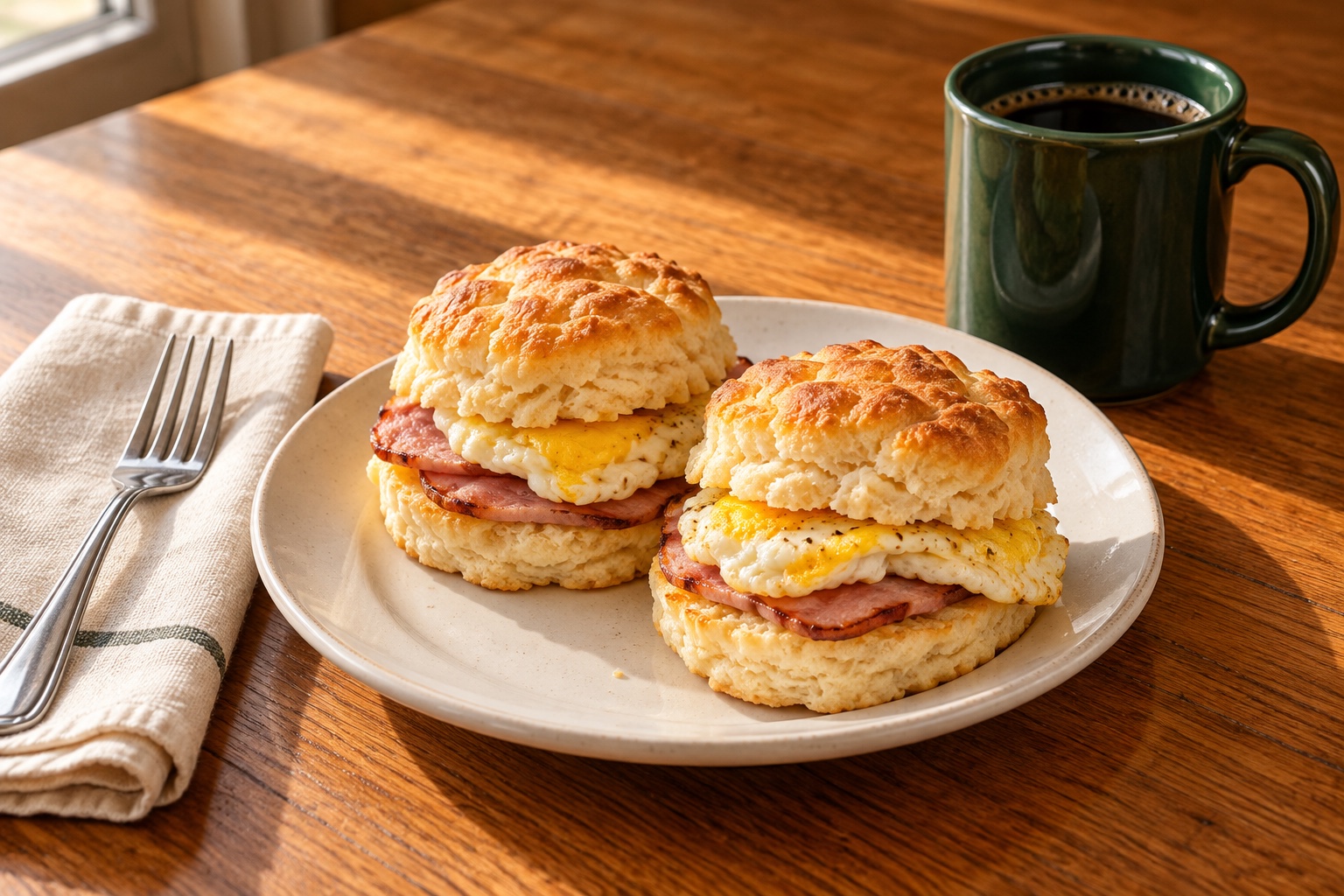 Illustrative breakfast still life: ham and egg biscuits beside a green coffee mug